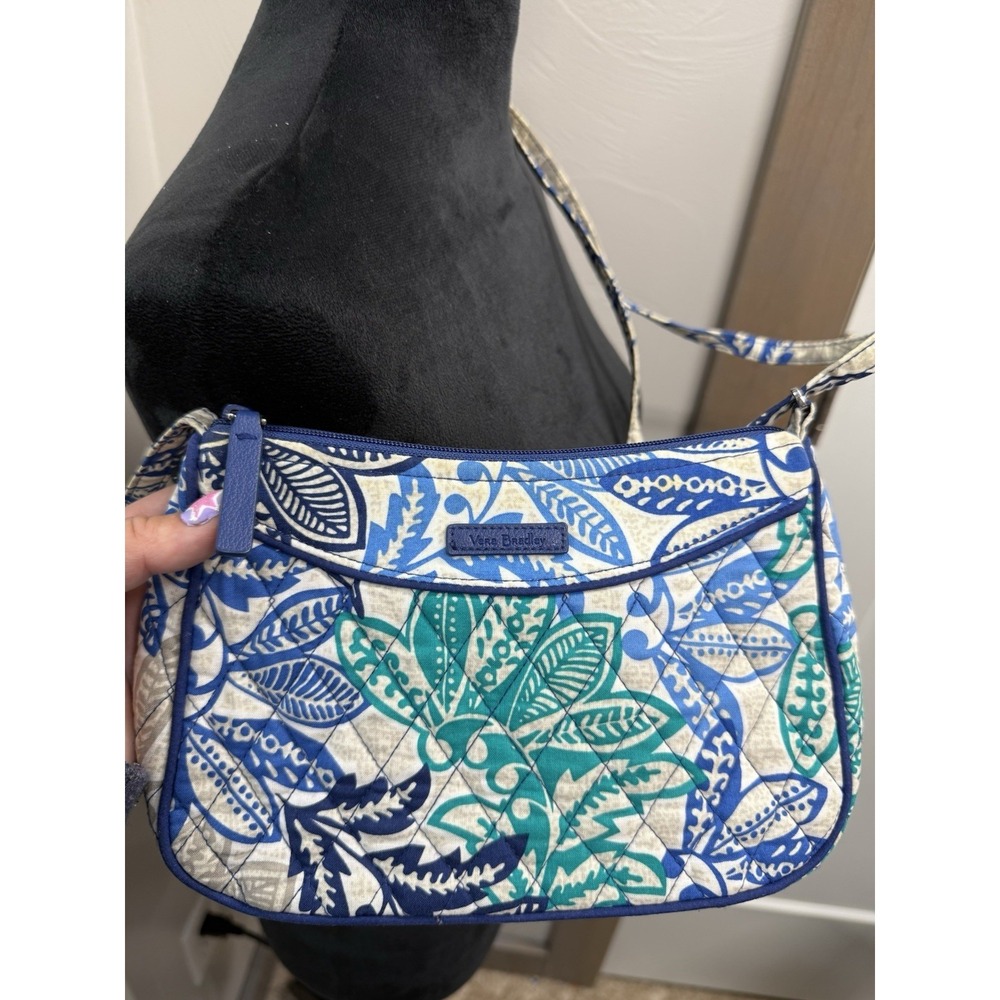Vera Bradley Santiago Little Crossbody Blue Teal Green Leafy Small Zip Bag